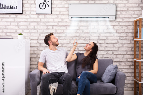 Happy Couple Operating Air Conditioner At Home