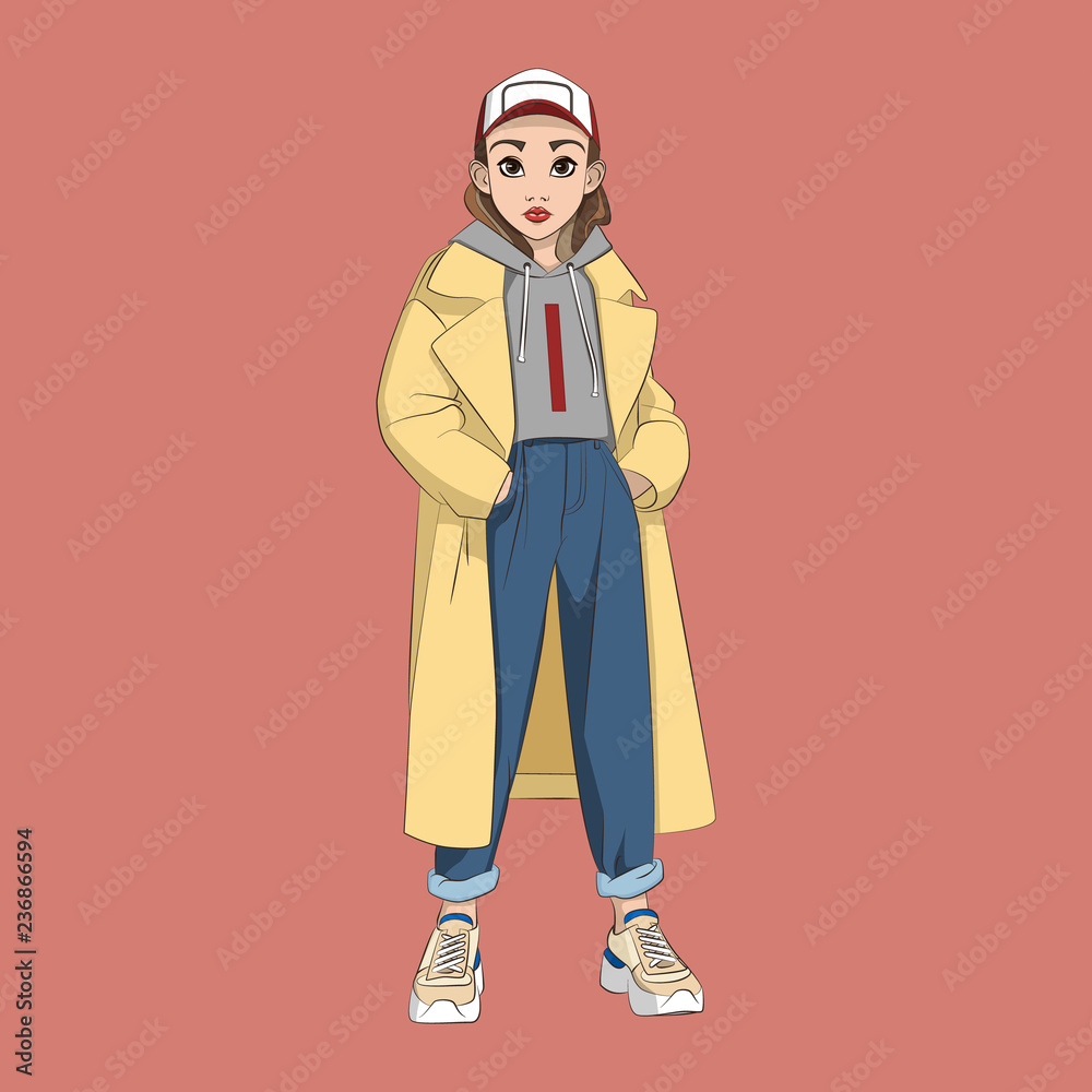 Hand drawn beautiful cute cartoon girl. Vector illustration. Hand drawn beautiful cute cartoon girl. Vector illustration.