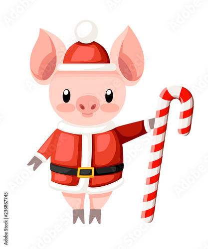 Cute pig in Christmas santa costume. Cartoon character design. Pink animal mascot. Little pig hold candy cane. Flat vector illustration isolated on white background