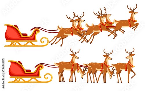 Christmas santa sleigh and group of deer. Flat vector illustration isolated on white background. Red wooden sleigh with flying mythical deer