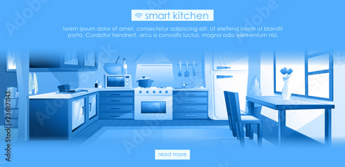 Smart kitchen design banner. Interior home IOT ads. Vector cartoon