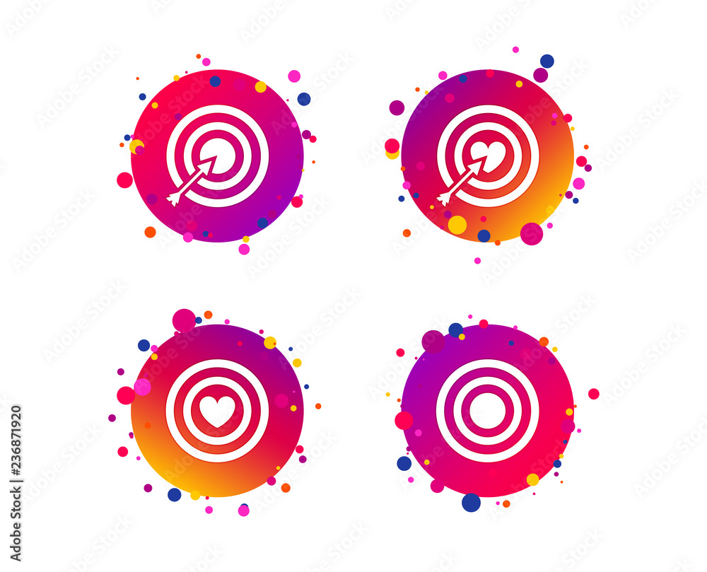 Target aim icons. Darts board with heart and arrow signs symbols. Gradient circle buttons with icons. Random dots design. Vector Target aim icons. Darts board with heart and arrow signs symbols. Gradient circle buttons with icons. Random dots design. Vector