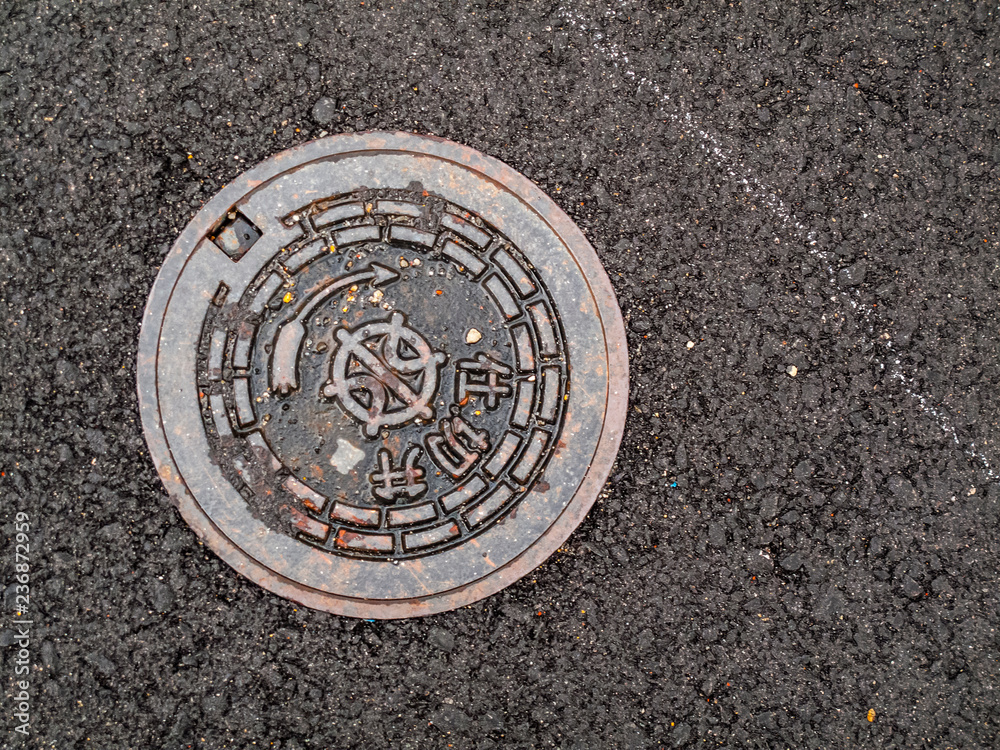 Manhole cover in road, Japan.