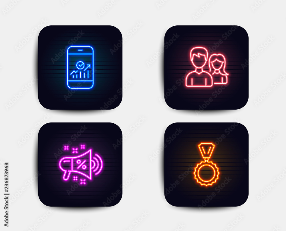 Neon set of Teamwork, Smartphone statistics and Sale megaphone icons. Medal sign. Man with woman, Mobile business, Shopping. Winner. Neon icons. Glowing light banners. Vector Neon set of Teamwork, Smartphone statistics and Sale megaphone icons. Medal sign. Man with woman, Mobile business, Shopping. Winner. Neon icons. Glowing light banners. Vector