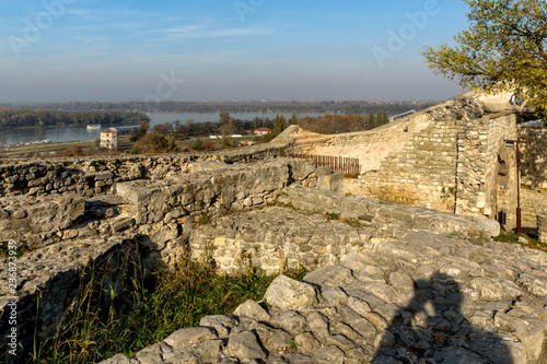 Panoramic sunset view of Belgrade Fortress, Kalemegdan Park, Sava and Danube Rivers in city of Belgrade, Serbia