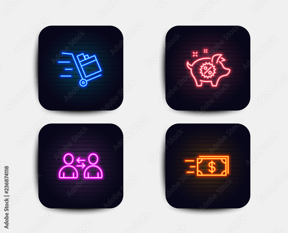 Neon glow lights. Set of Push cart, Communication and Piggy sale icons. Money transfer sign. Express delivery, Users talking, Discounts. Cash delivery. Neon icons. Glowing light banners. Vector Neon glow lights. Set of Push cart, Communication and Piggy sale icons. Money transfer sign. Express delivery, Users talking, Discounts. Cash delivery. Neon icons. Glowing light banners. Vector