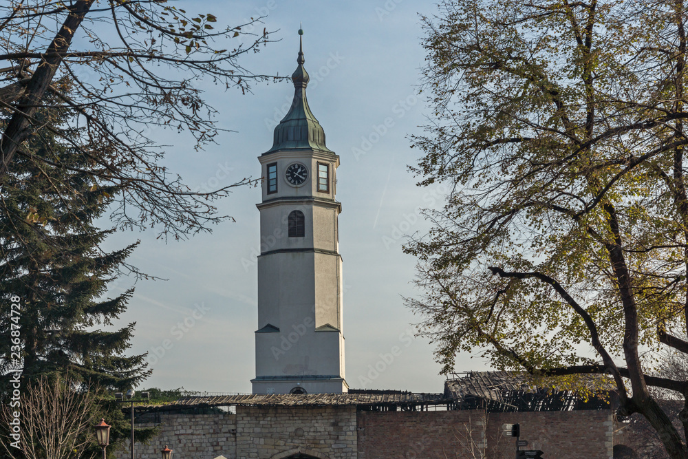 Clock Tower (Sahat Tower) at Belgrade Fortress and Kalemegdan Park in the center of city of Belgrade, Serbia