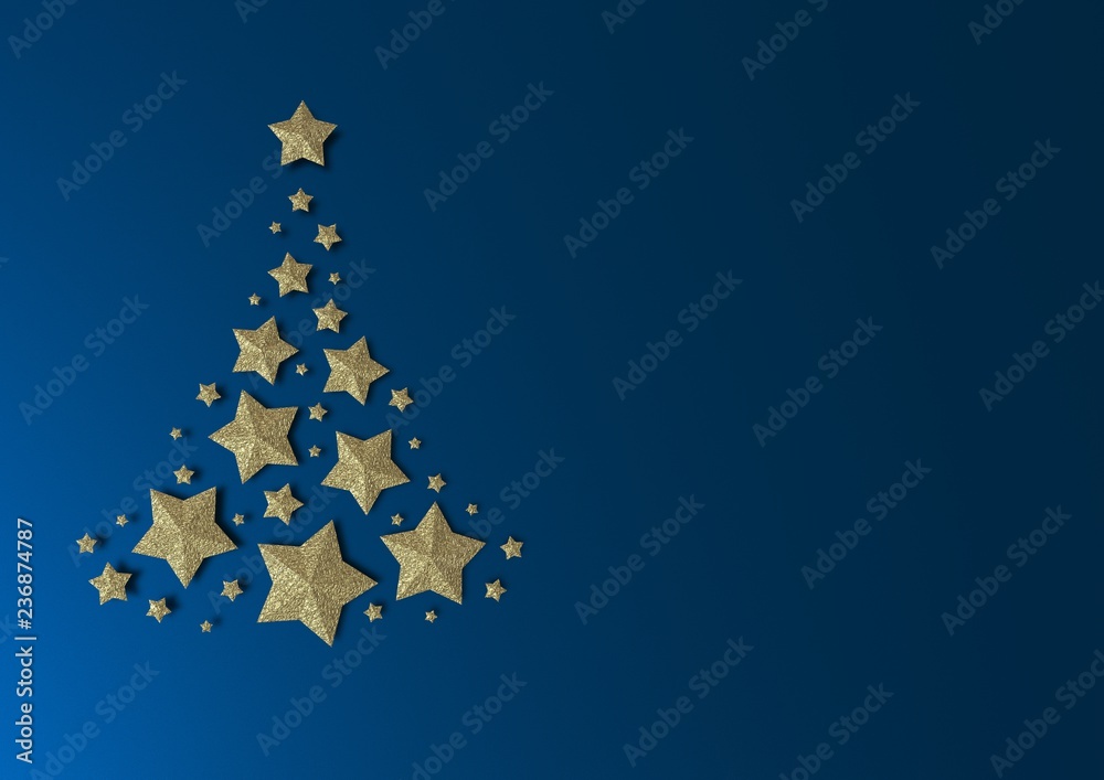Christmas tree from golden stars on dark blue background 3D render. Christmas background with place for your text. Christmas tree from golden stars on dark blue background 3D render. Christmas background with place for your text.
