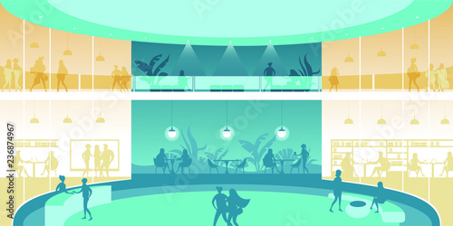 Interior with people of a large office building or shopping mall