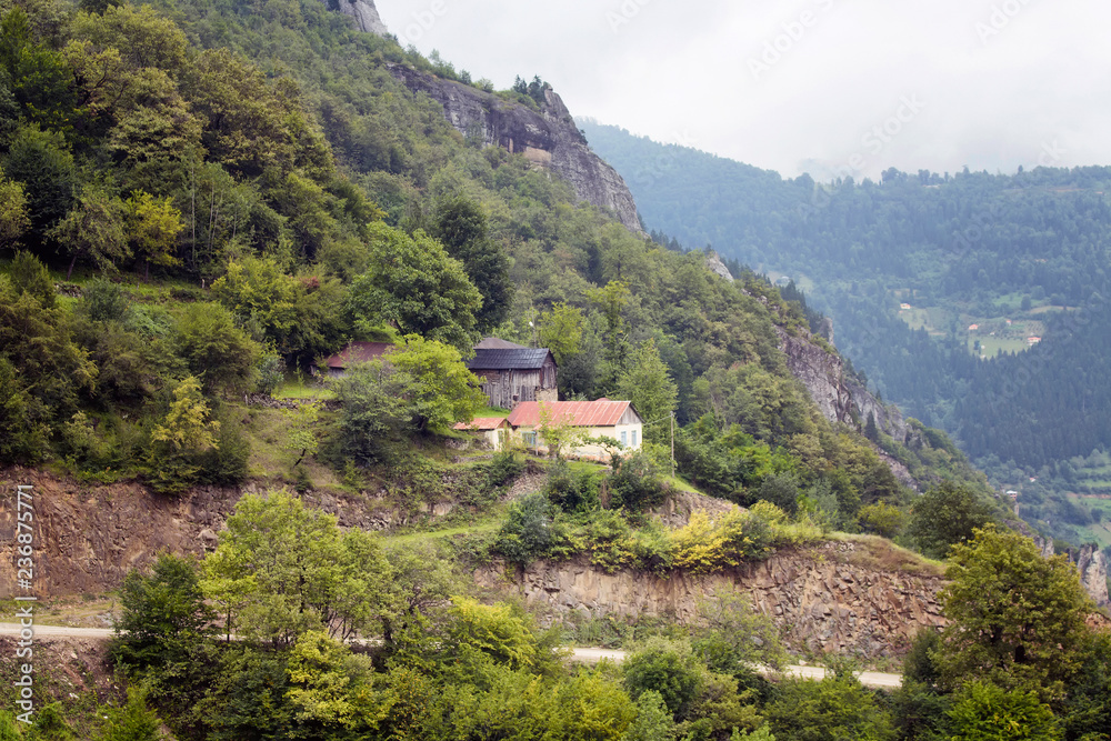 Fototapeta premium View of high plateau houses, mountains, valleys and forest in fog creating beautiful nature scene. The image is captured in Trabzon/Rize area of Black Sea region located at northeast of Turkey.