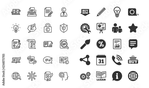 Copywriting line icons. Set of Ð¡opyright protection, Signature and Feedback signs. Typewriter, Idea and Speech bubble message symbols. Information, calendar and call phone icons. Vector