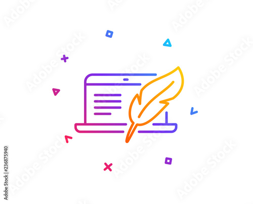 Copywriting notebook line icon. Ð¡opyright feather sign. Media content symbol. Gradient line button. Copyright laptop icon design. Colorful geometric shapes. Vector