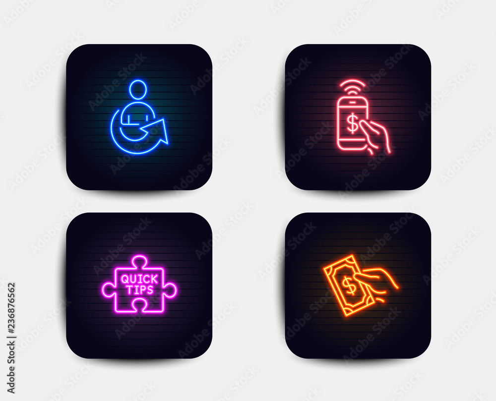 Neon set of Share, Phone payment and Quick tips icons. Pay money sign. Referral person, Mobile pay, Tutorials. Hold cash. Neon icons. Glowing light banners. Vector Neon set of Share, Phone payment and Quick tips icons. Pay money sign. Referral person, Mobile pay, Tutorials. Hold cash. Neon icons. Glowing light banners. Vector