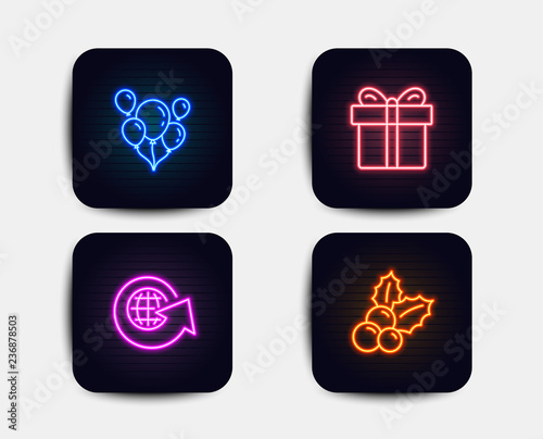 Neon set of Gift box, Balloons and World globe icons. Christmas holly sign. Present package, Air balloons, Around the world. Ilex aquifolium. Neon icons. Glowing light banners. Vector