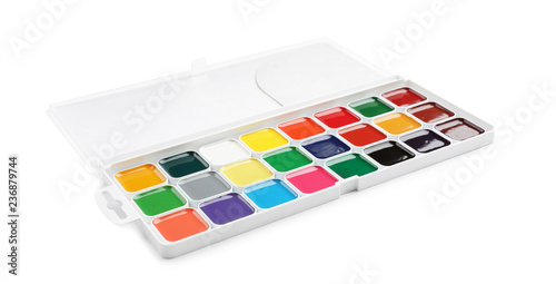 Plastic watercolor palette on white background. Painting equipment for children