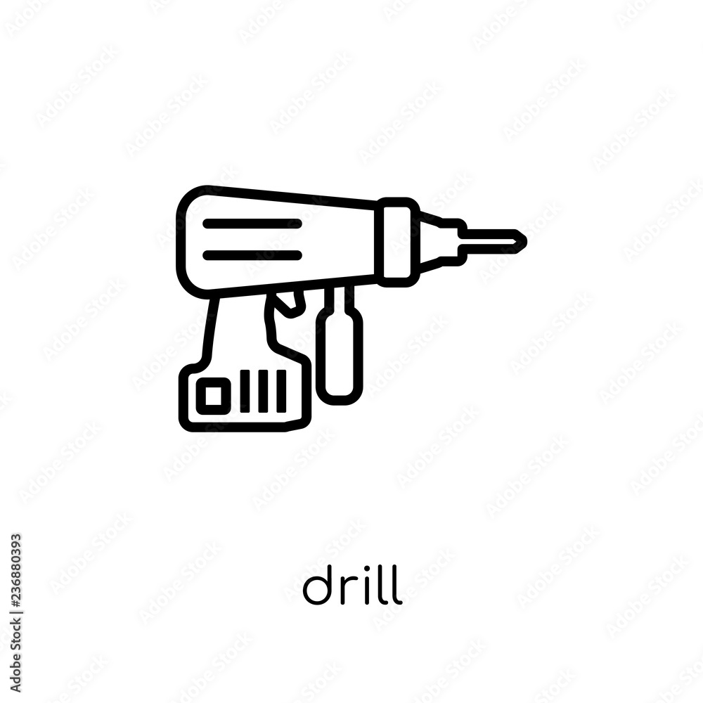 Drill icon. Trendy modern flat linear vector Drill icon on white background from thin line Construction collection Drill icon. Trendy modern flat linear vector Drill icon on white background from thin line Construction collection