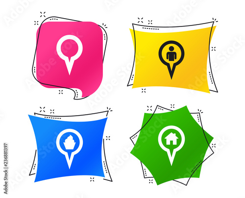 Map circle pointer icons. Home, food and user location symbols. Restaurant and cupcake signs. You are here. Geometric colorful tags. Banners with flat icons. Trendy design. Vector