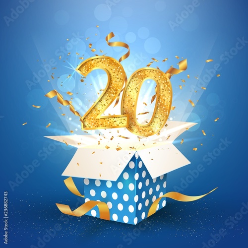 20 th years anniversary and open gift box with explosions confetti. Template twenty birthday celebration on blue background vector Illustration