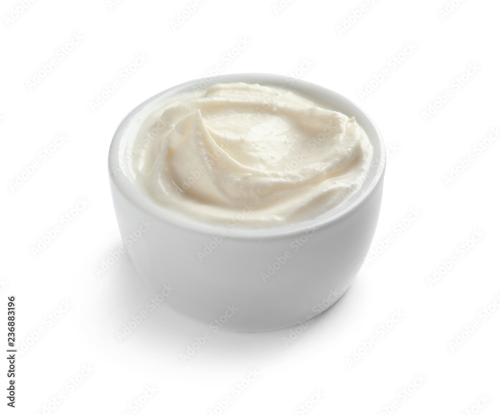 Bowl of tasty cream cheese on white background Bowl of tasty cream cheese on white background