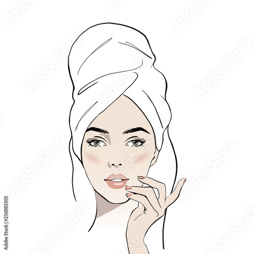 Beautiful young woman face with white towel on her head. Hand drawn beautiful woman portrait. Fashion woman with bath towel on her head. Sketch. Vector illustration. Spa beauty concept