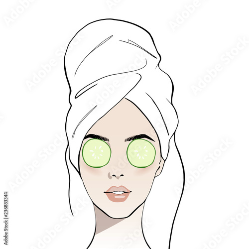 A woman wears with a towel on her head, vector hand drawn illustration for instructions. Slices of cucumber lie on the girl's eyes. Fashion, style, beauty. Graphic, sketch drawing. Vector illustration