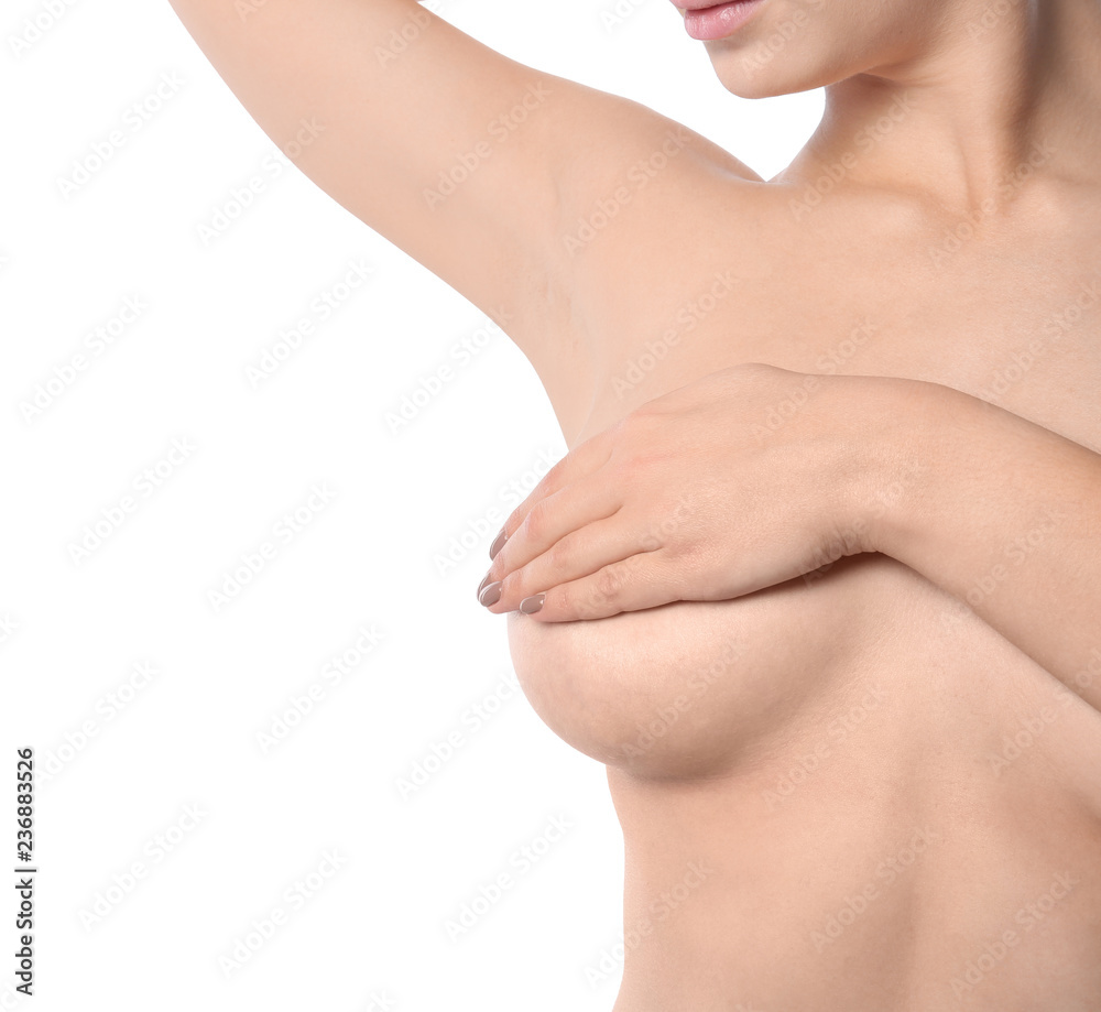 Fototapeta premium Woman covering her breast on white background, space for text. Self examination