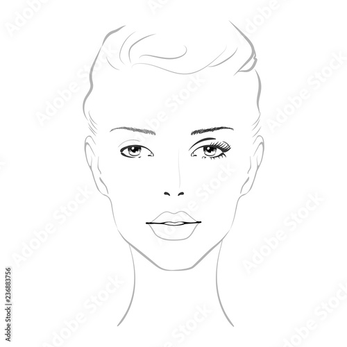 Beautiful woman face with nude make-up hand drawn vector illustration. Stylish original graphics portrait with beautiful young attractive girl model. Fashion, style, beauty. Graphic, sketch drawing.