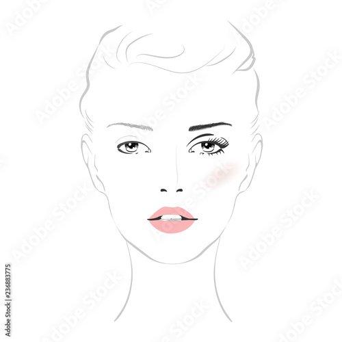 Beautiful woman face with nude make-up hand drawn vector illustration. Stylish original graphics portrait with beautiful young attractive girl model. Fashion, style, beauty. Graphic, sketch drawing.
