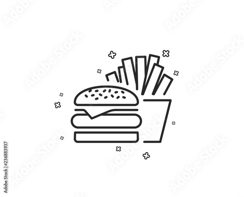 Burger with fries line icon. Fast food restaurant sign. Hamburger or cheeseburger symbol. Geometric shapes. Random cross elements. Linear Burger icon design. Vector
