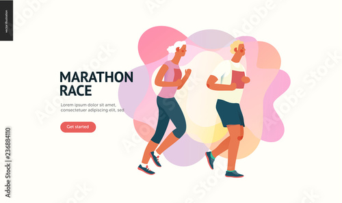 Marathon race group - flat modern vector concept illustration of running men and women wearing sportswer. Marathon race, 5k run, sprint. Creative landing page design template, web banner