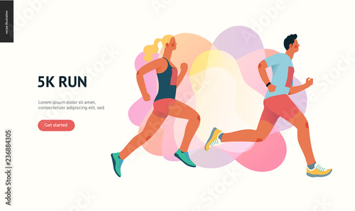 Marathon race group - flat modern vector concept illustration of running men and women wearing sportswer. Marathon race, 5k run, sprint. Creative landing page design template, web banner