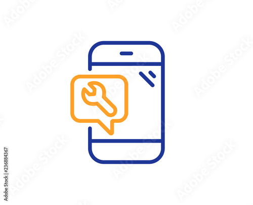 Spanner tool line icon. Phone repair service sign. Fix instruments symbol. Colorful outline concept. Blue and orange thin line color Phone repair icon. Vector