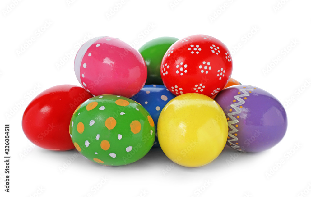 Decorated Easter eggs on white background. Festive tradition Decorated Easter eggs on white background. Festive tradition