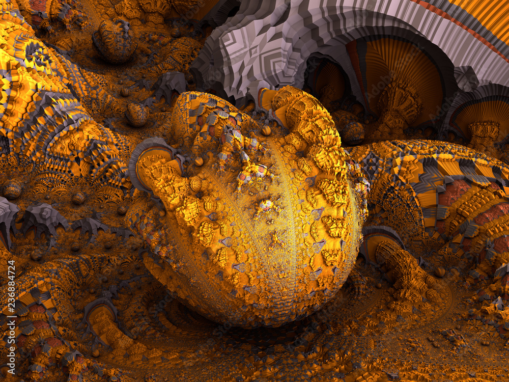 Golden Treasure hidden in a secret cave, Seashell Fractal geometric ...