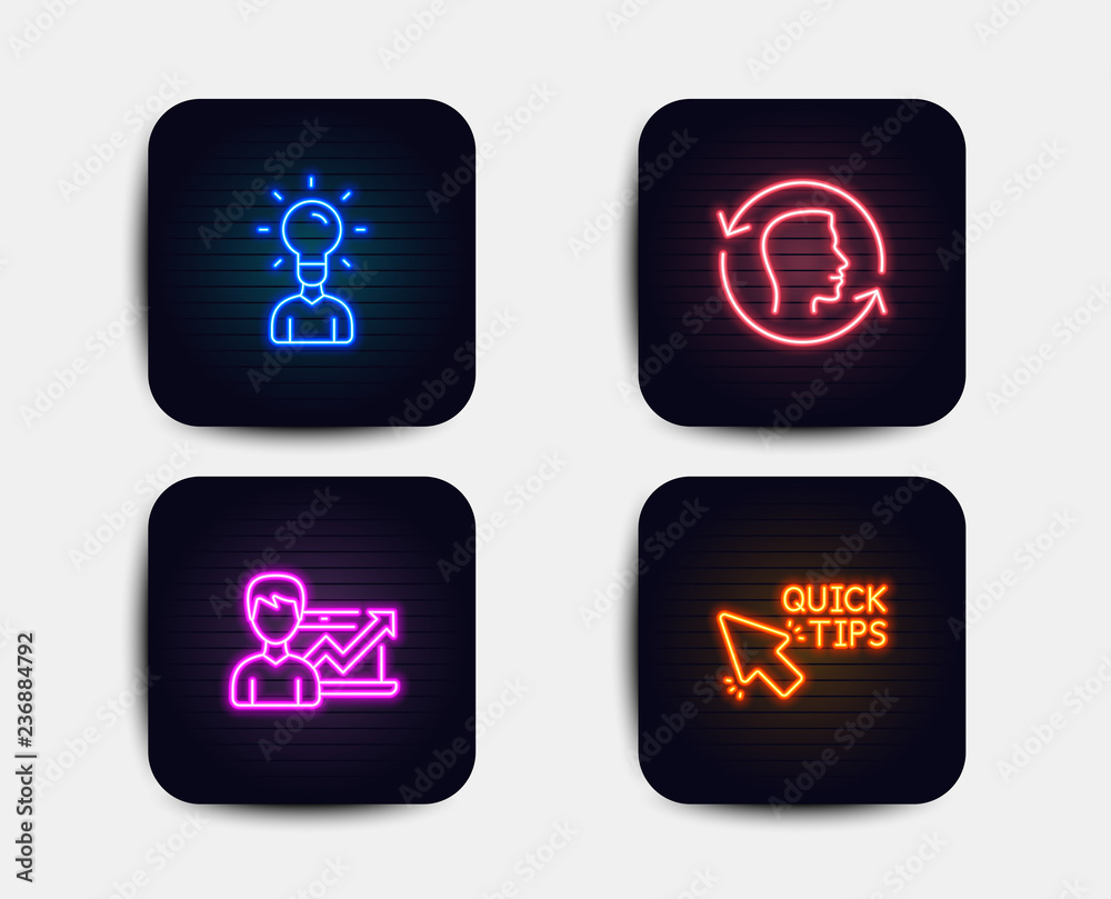 Neon set of Success business, Education and Face id icons. Quick tips sign. Growth chart, Human idea, Identification system. Helpful tricks. Neon icons. Glowing light banners. Vector Neon set of Success business, Education and Face id icons. Quick tips sign. Growth chart, Human idea, Identification system. Helpful tricks. Neon icons. Glowing light banners. Vector