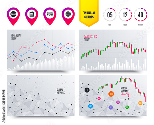 Financial planning charts. Sale speech bubble icon. Thank you symbol. Bonus star circle sign. Big sale shopping bag. Cryptocurrency stock market graphs icons. Trendy design. Vector