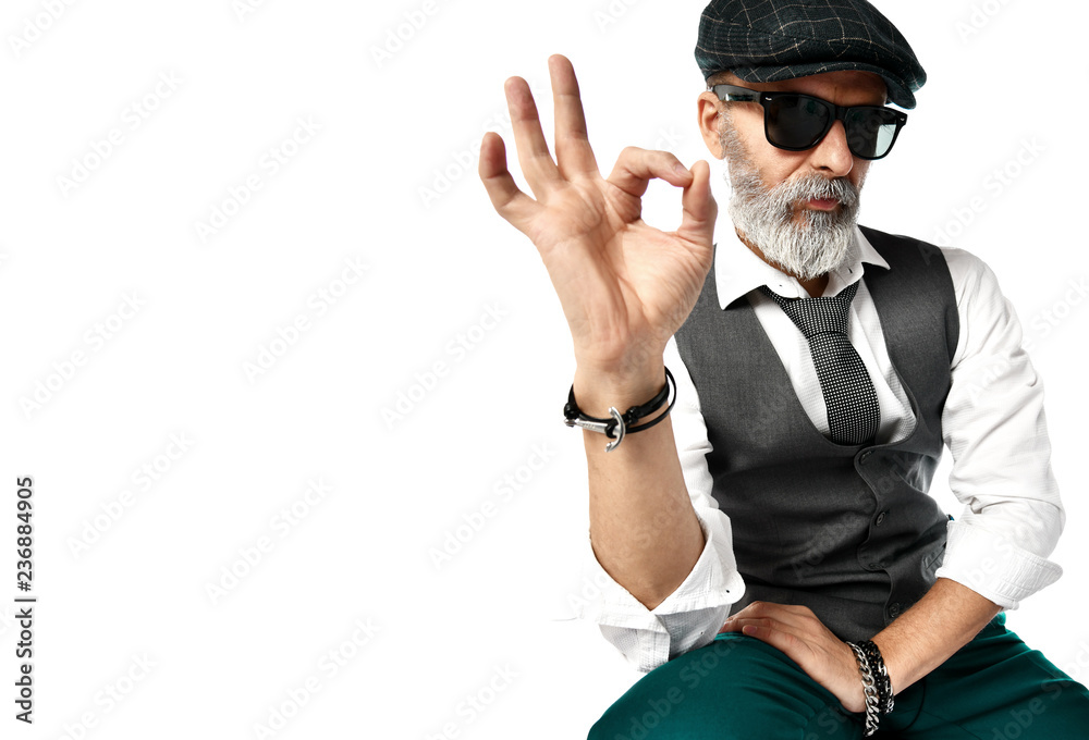 Old brutal senior millionaire man show ok sign in sunglasses stylish  fashionable men isolated on white Stock Photo | Adobe Stock