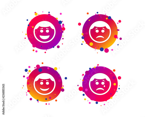 Circle smile face icons. Happy, sad, cry signs. Happy smiley chat symbol. Sadness depression and crying signs. Gradient circle buttons with icons. Random dots design. Vector
