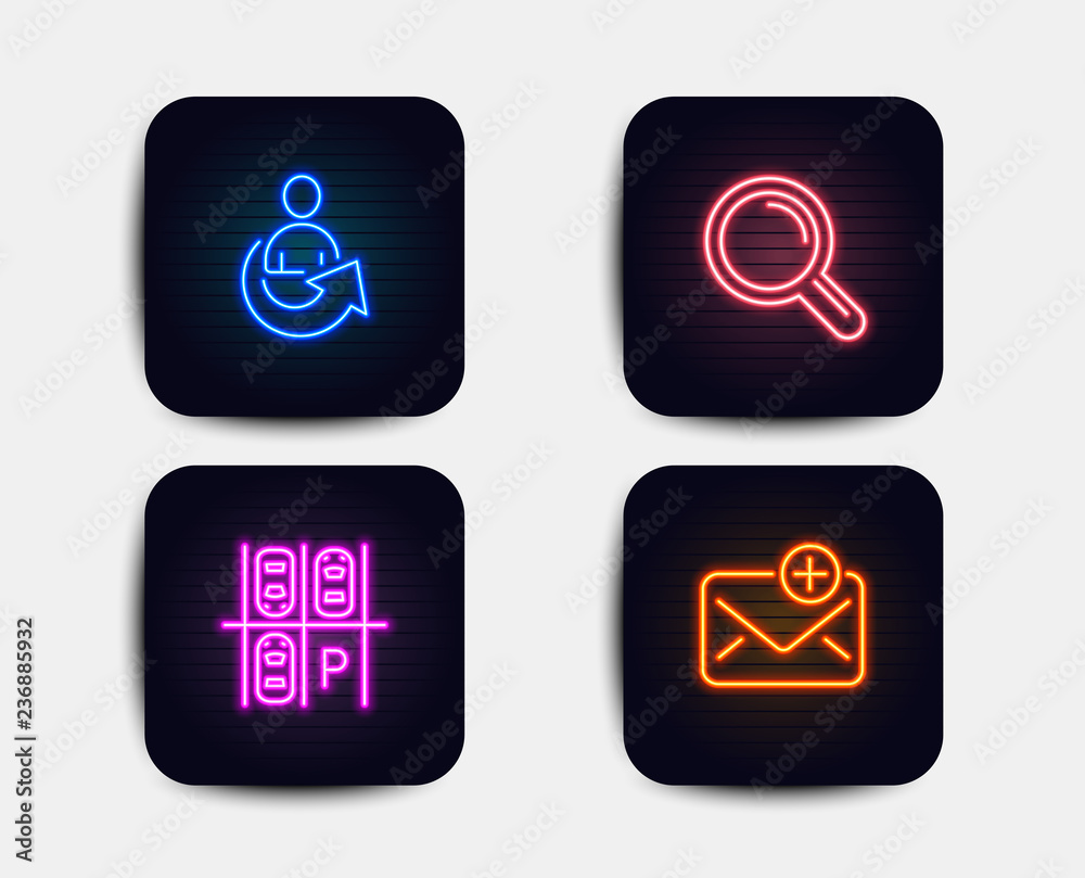 Neon glow lights. Set of Parking place, Research and Share icons. New mail sign. Transport, Magnifying glass, Referral person. Add e-mail. Neon icons. Glowing light banners. Vector Neon glow lights. Set of Parking place, Research and Share icons. New mail sign. Transport, Magnifying glass, Referral person. Add e-mail. Neon icons. Glowing light banners. Vector