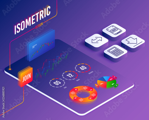 Isometric vector. Set of Sync, Downloading and Ssd icons. Calculator sign. Synchronize, Load information, Solid-state drive. Accounting device.  Software or Financial markets. Analysis data concept