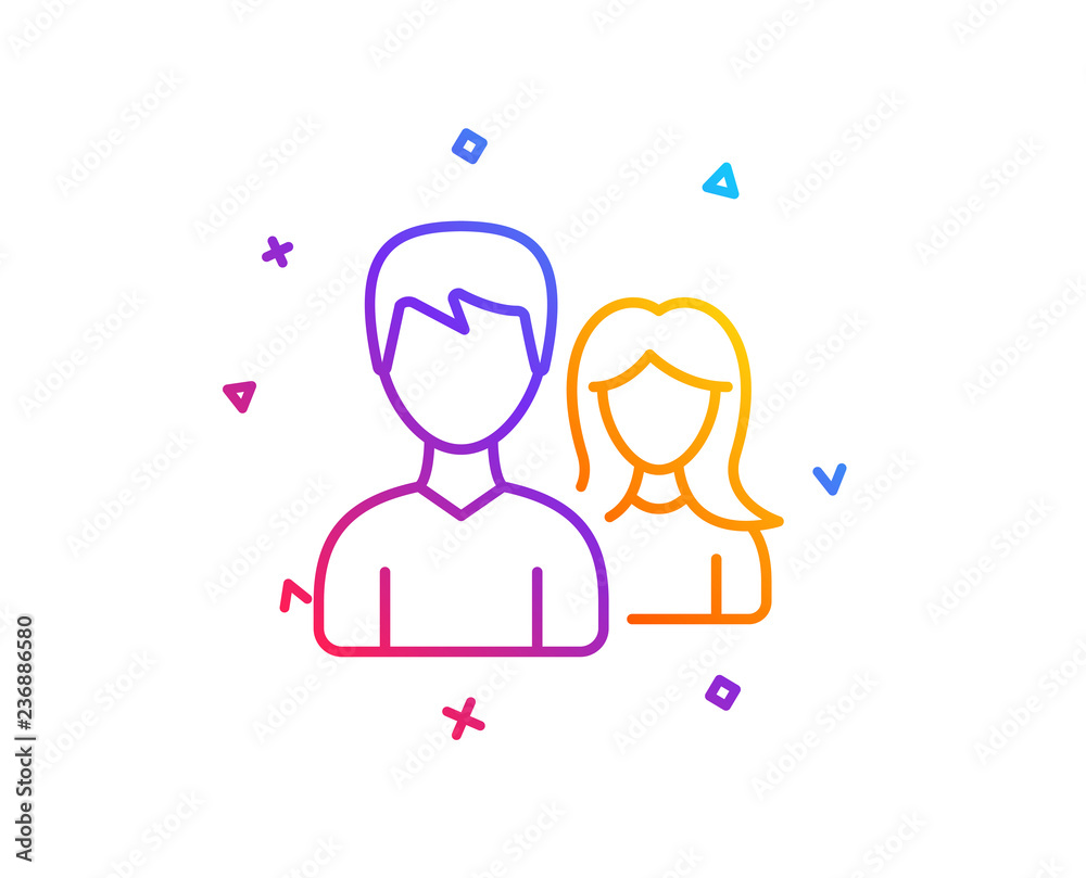 Couple line icon. Users Group or Teamwork sign. Male and Female Person silhouette symbol. Gradient line button. Couple icon design. Colorful geometric shapes. Vector Couple line icon. Users Group or Teamwork sign. Male and Female Person silhouette symbol. Gradient line button. Couple icon design. Colorful geometric shapes. Vector