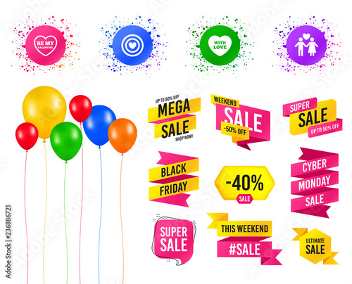 Balloons party. Sales banners. Valentine day love icons. Target aim with heart symbol. Couple lovers sign. Birthday event. Trendy design. Vector