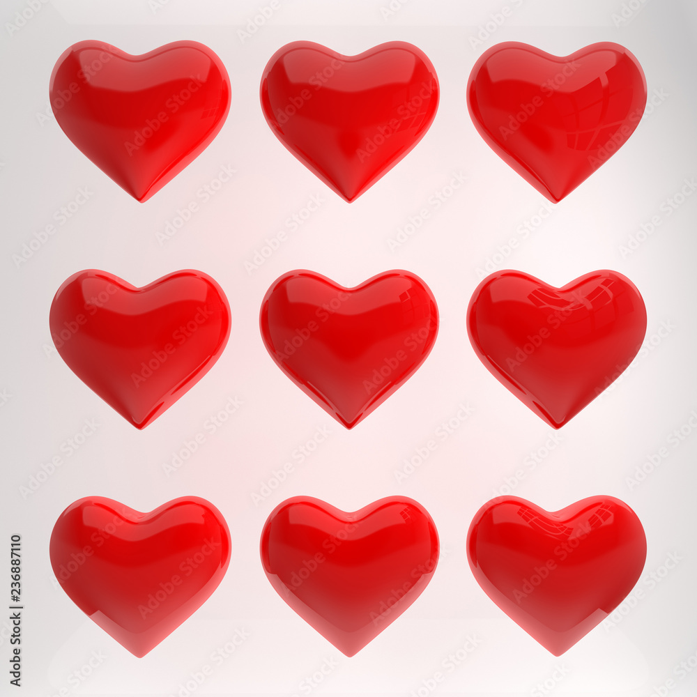 Red glossy shiny hearts shape on white background with reflection effect. Saint Valentine's day greeting card February 14 design element. Love, wedding marriage ceremony celebration concept.