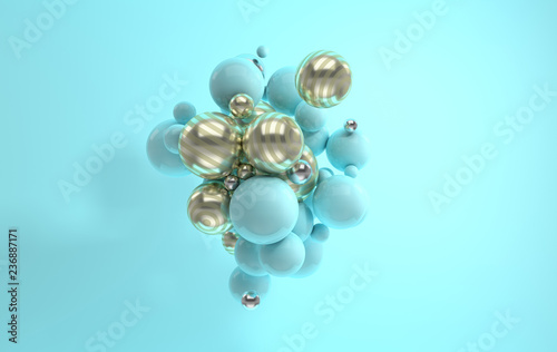 3d rendering of floating polished blue and shining striped golden spheres on blue background. Abstract geometric composition. Group of balls in pastel and gold colors with soft shadows