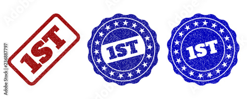 1ST grunge stamp seals in red and blue colors. Vector 1ST signs with draft surface. Graphic elements are rounded rectangles, rosettes, circles and text labels. Designed for rubber stamp imitations.