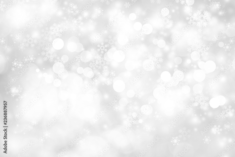 white snow blur abstract background. Bokeh Christmas blurred beautiful shiny Christmas lights. white and gray winter backdrop.