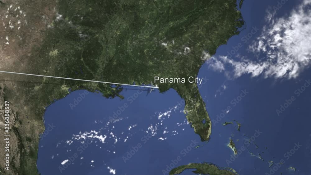 Plane arriving to Panama city, Panama from west, intro 3D animation 