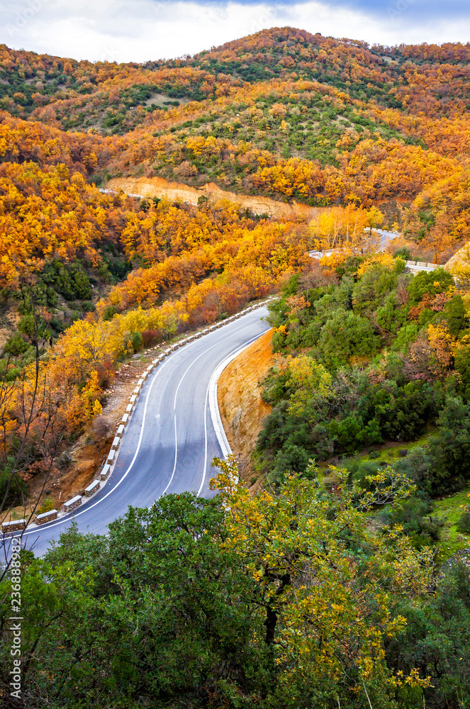 Picturesque mountain road in autumn. Meteora Rocks, Greece