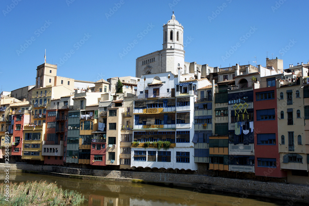 Spain.Girona.Cathedral and residential buildings on the bank of the river Onyar.