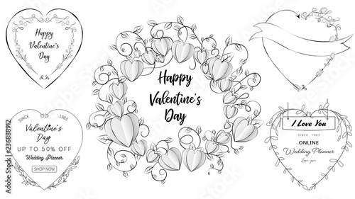 Doodle heart banners set of Valentine and Wedding elements